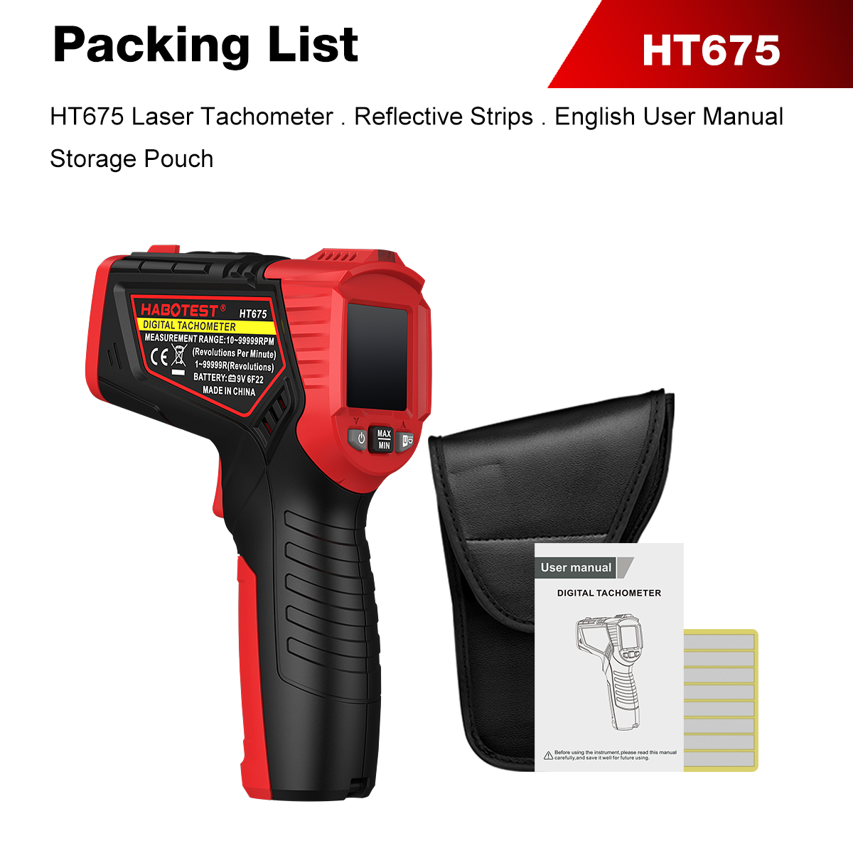 Industrial Laser Tachometer - HABOTEST HT675 Non Contact Laser Tachometer
